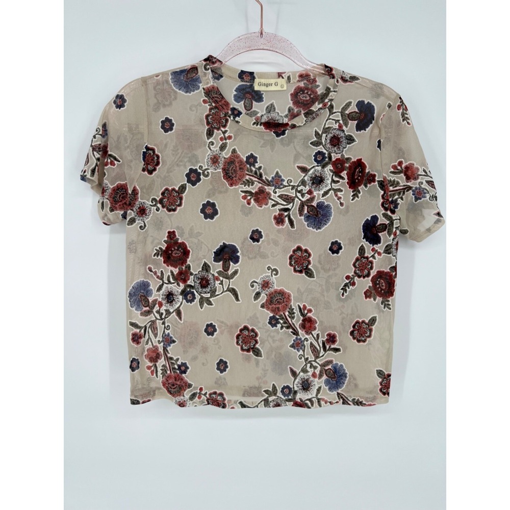 Ginger G Floral Sheer Top Womens Teen Sz L Beige Short Sleeve Hippie Groovy Girl